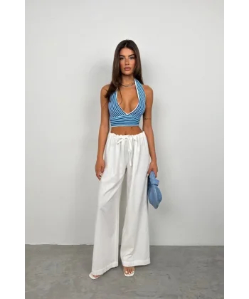 Çizgili Boyun Bağlamalı Crop