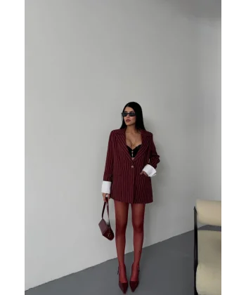 ÇİZGİLİ CEKET TEK DÜĞME EKRU MANŞET - Bordo