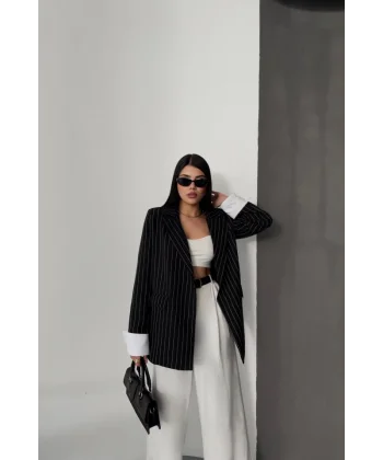 ÇİZGİLİ CEKET TEK DÜĞME EKRU MANŞET - Siyah