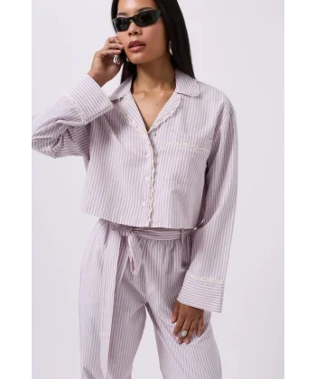 Çizgili Cep Detay Crop Gömlek