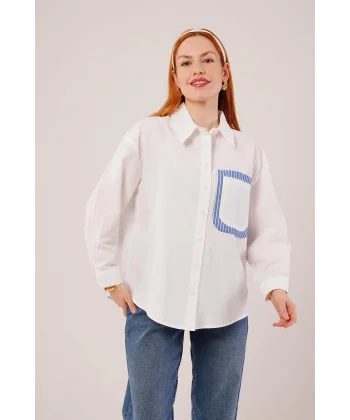 Çizgili Cep Detaylı Beyaz Gömlek