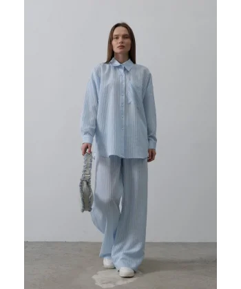 Çizgili Cep Detaylı Oversize Takım - Bebe Mavisi