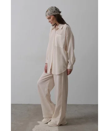 Çizgili Cep Detaylı Oversize Takım - Bej