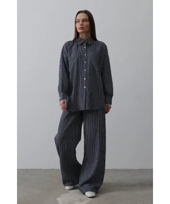 Çizgili Cep Detaylı Oversize Takım - Lacivert