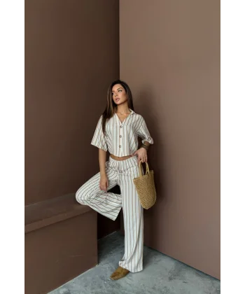 ÇİZGİLİ CROP GÖMLEK - SALAŞ PANTOLON TAKIM MODAL - Bej