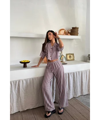 ÇİZGİLİ CROP GÖMLEK - SALAŞ PANTOLON TAKIM MODAL - Bordo