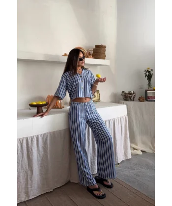 ÇİZGİLİ CROP GÖMLEK - SALAŞ PANTOLON TAKIM MODAL - Mavi