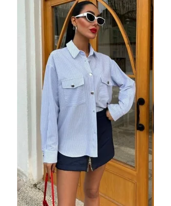 Çizgili Gofre Kumaş Metal Düğmeli Gömlek 3460