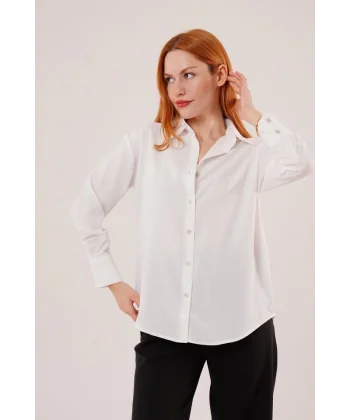 Çizgili Gold Düğmeli Beyaz Gömlek