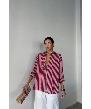 ÇİZGİLİ GÖMLEK  KETEN - Bordo