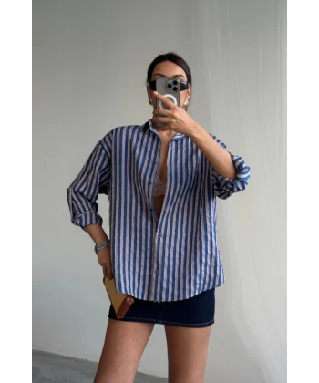 ÇİZGİLİ GÖMLEK  KETEN - Lacivert