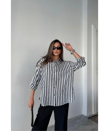 ÇİZGİLİ GÖMLEK  KETEN - Siyah
