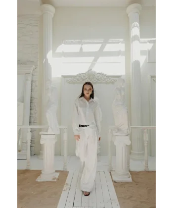 Çizgili Gömlek Pantolon Takım  Beyaz