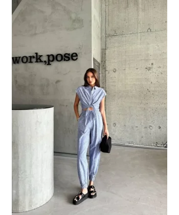 ÇİZGİLİ KETEN KOLSUZ CROP PANTOLON TAKIM - Lacivert