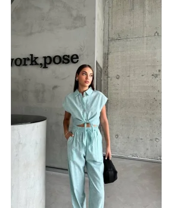 ÇİZGİLİ KETEN KOLSUZ CROP PANTOLON TAKIM - Yeşil