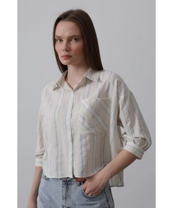 Çizgili Kısa Gömlek  Bej avi