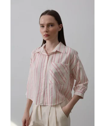 Çizgili Kısa Gömlek - Bej Pembe