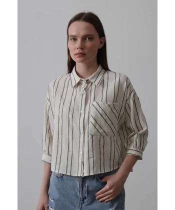 Çizgili Kısa Gömlek - Bej-Yeşil