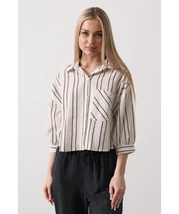 Çizgili Kısa Gömlek  Ekruacivert
