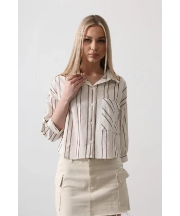 Çizgili Kısa Gömlek  EkruKahve