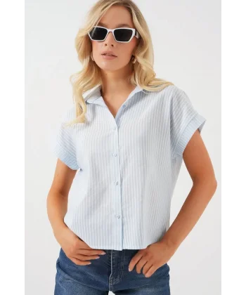 Çizgili Kısa Kol Gömlek 20324 - Açık Mavi