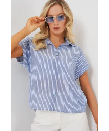 Çizgili Kısa Kol Gömlek 20324 - İndigo