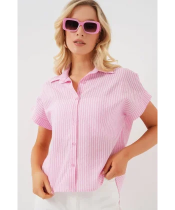 Çizgili Kısa Kol Gömlek 20324 - Pembe