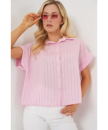 Çizgili Kısa Kol Gömlek 20327 - Pembe