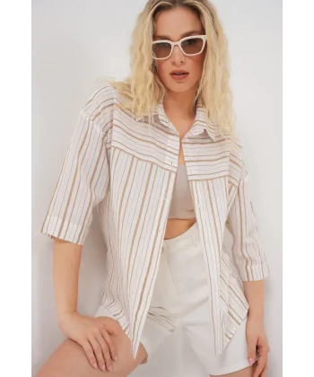 Çizgili Kısa Kol Gömlek 20344 - Krem