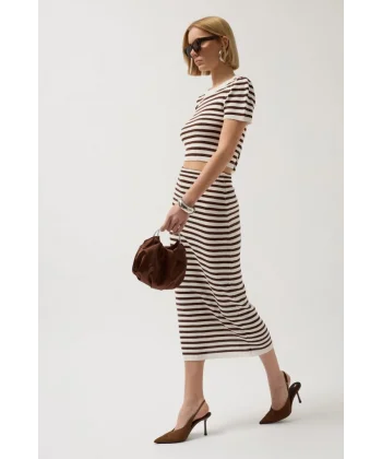Çizgili Midi Dokulu Etek