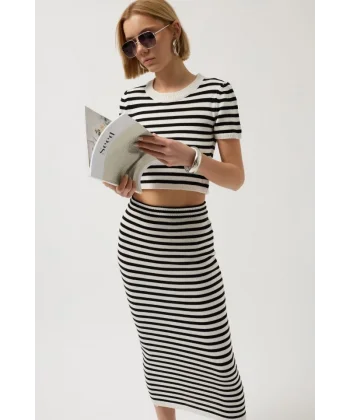 Çizgili Midi Dokulu Etek