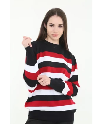 Çizgili Nakışlı Kazak - Siyah