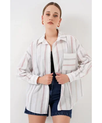 Çizgili Oversize Gömlek 20278 - B.Beyaz