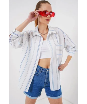 Çizgili Oversize Gömlek 20278 - Beyaz