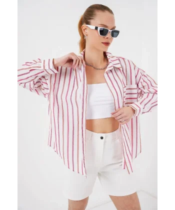 Çizgili Oversize Gömlek 20278 - Kırmızı