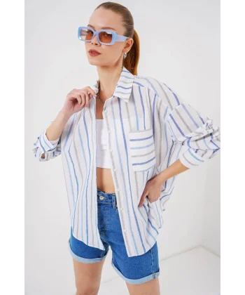 Çizgili Oversize Gömlek 20278 - Mavi