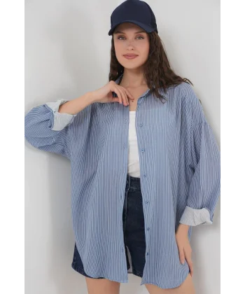 Çizgili Oversize Gömlek 20295  İndigo
