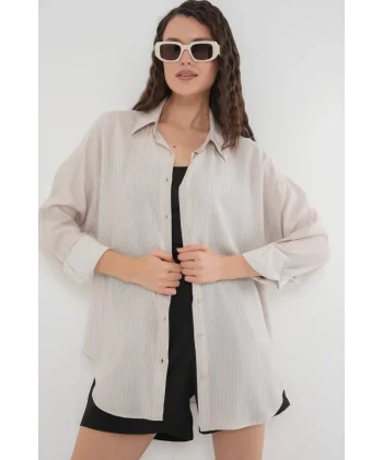Çizgili Oversize Gömlek 20295  Krem