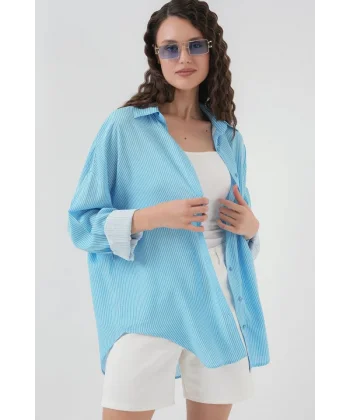 Çizgili Oversize Gömlek 20295  Mavi