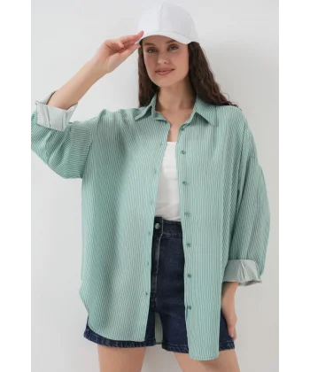 Çizgili Oversize Gömlek 20295  Mint