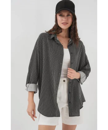 Çizgili Oversize Gömlek 20295  Siyah