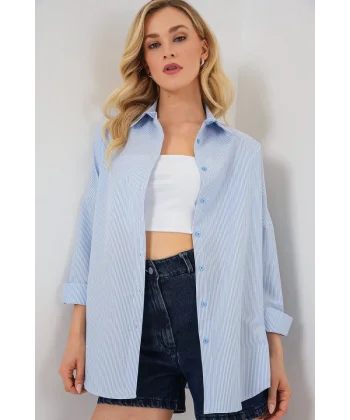 Çizgili Oversize Gömlek 20332 - Açık Mavi