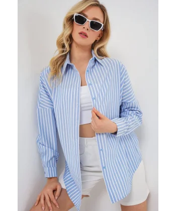 Çizgili Oversize Gömlek 20332 - B.Mavi