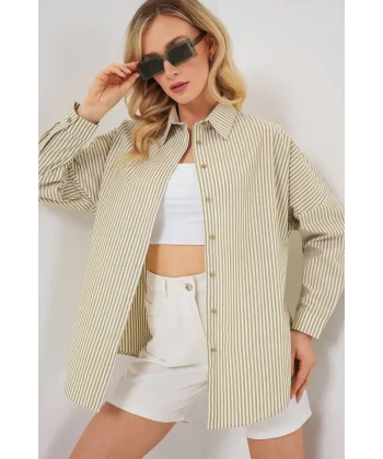 Çizgili Oversize Gömlek 20332 - Çağla