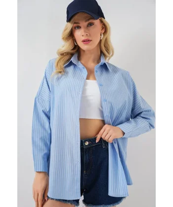 Çizgili Oversize Gömlek 20332 - C.Mavi