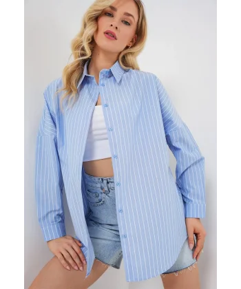 Çizgili Oversize Gömlek 20332 - Mavi