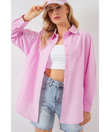 Çizgili Oversize Gömlek 20332 - Pembe