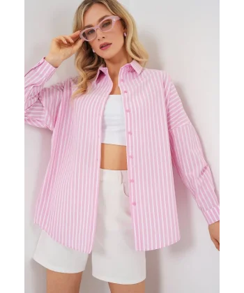 Çizgili Oversize Gömlek 20332 - Pudra