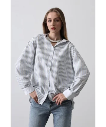 Çizgili Oversize Gömlek  Açık avi