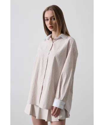 Çizgili Oversize Gömlek  Bej